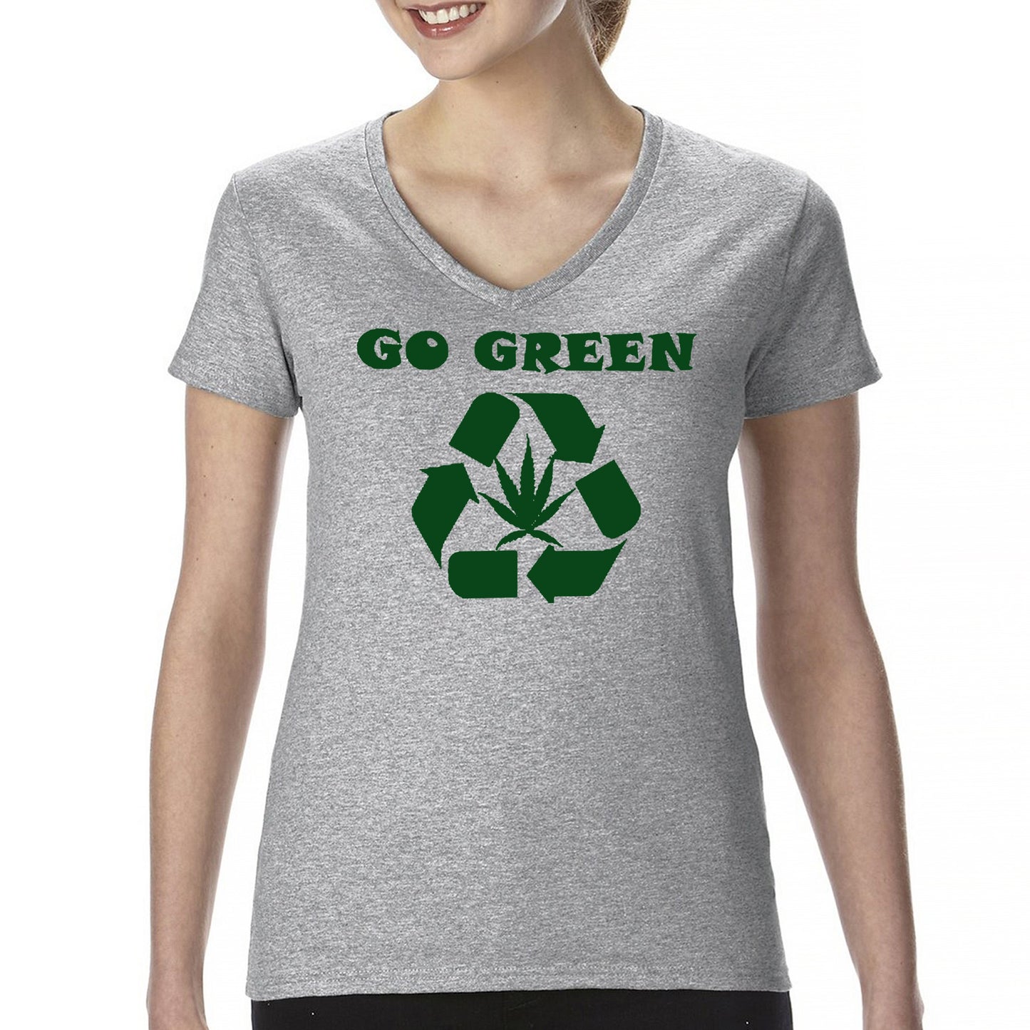 Go Green Women's V-Neck T-shirt Funny Weed Marijuana 420 7 colors size S to 2XL