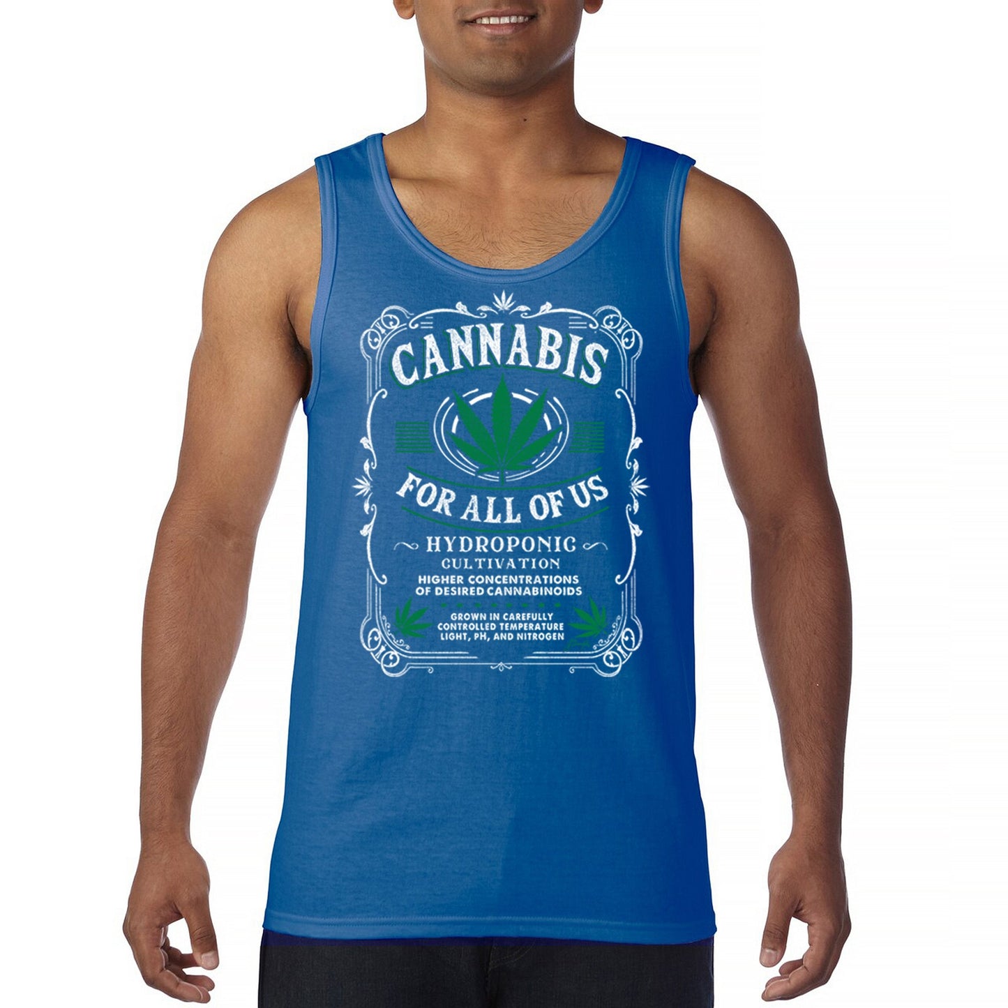 Men's blue cannabis-themed tank top featuring "Cannabis For All" slogan and marijuana leaf design.