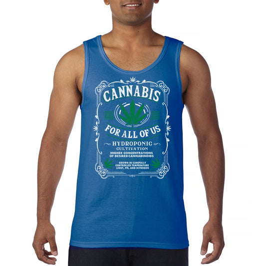 Men's blue cannabis-themed tank top featuring "Cannabis For All" slogan and marijuana leaf design.