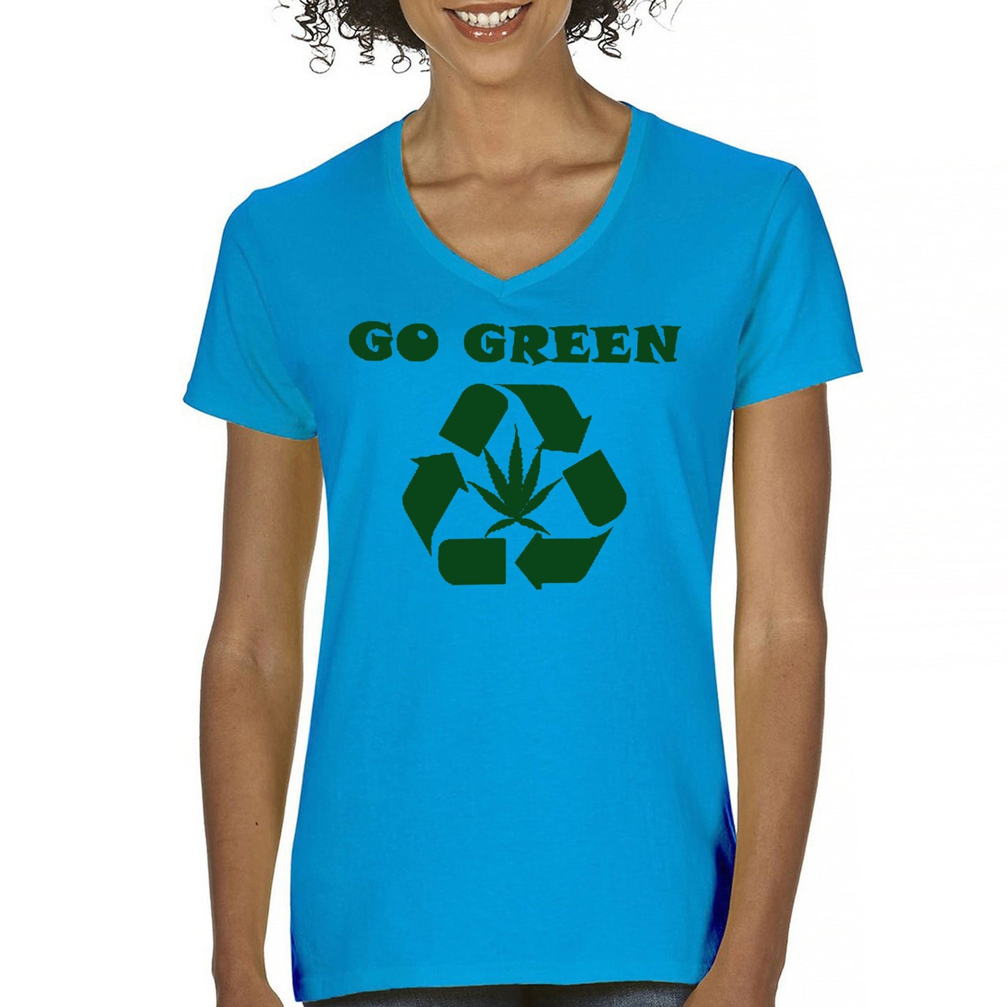 Go Green Women's V-Neck T-shirt Funny Weed Marijuana 420 7 colors size S to 2XL