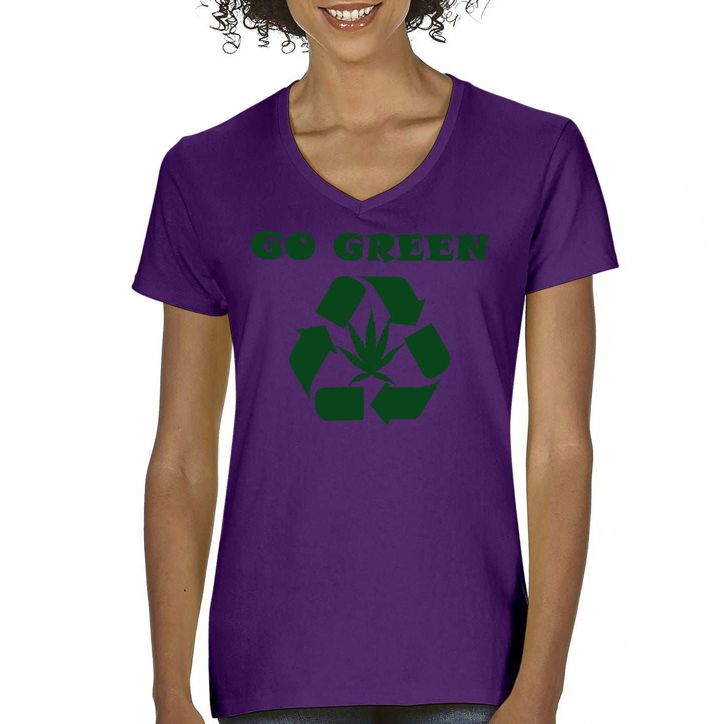 Go Green Women's V-Neck T-shirt Funny Weed Marijuana 420 7 colors size S to 2XL