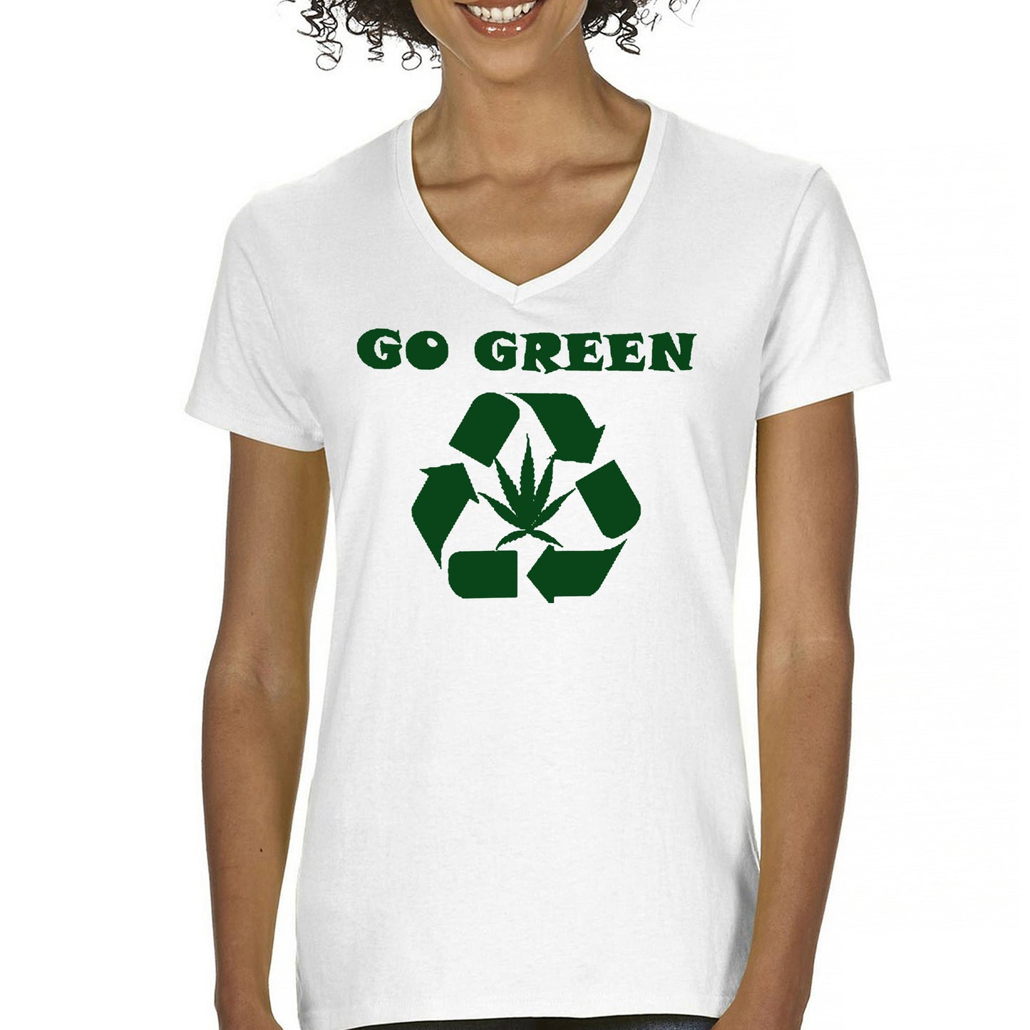 Go Green Women's V-Neck T-shirt Funny Weed Marijuana 420 7 colors size S to 2XL