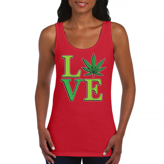 Love Weed Leaf Women's Tank Top with cannabis graphic, red color.