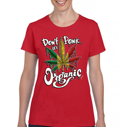 Women's red T-shirt with "Don't Panic It's Organic" marijuana leaf print.