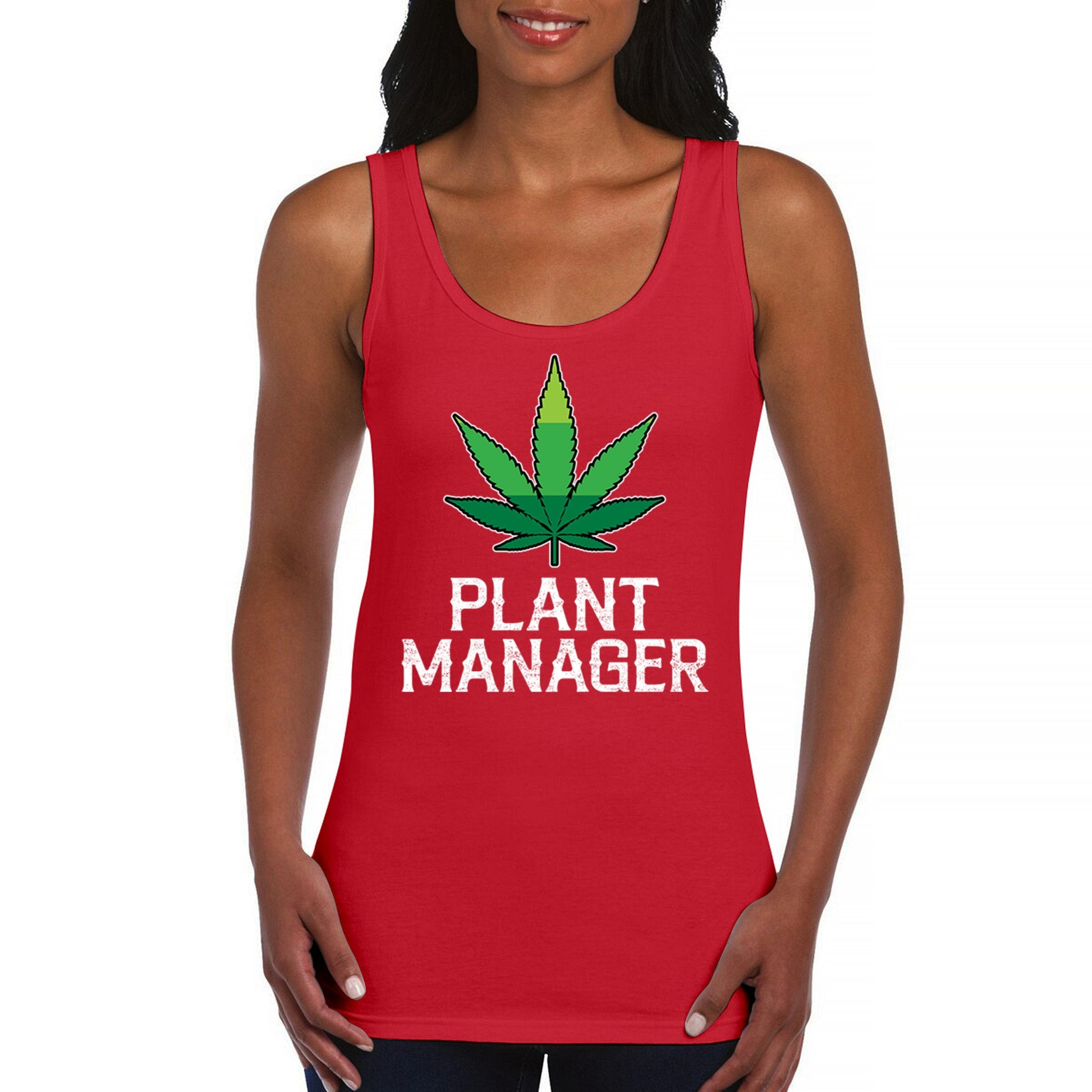 Women's red tank top with a pot leaf design and "Plant Manager" text, available in sizes S to 2XL.