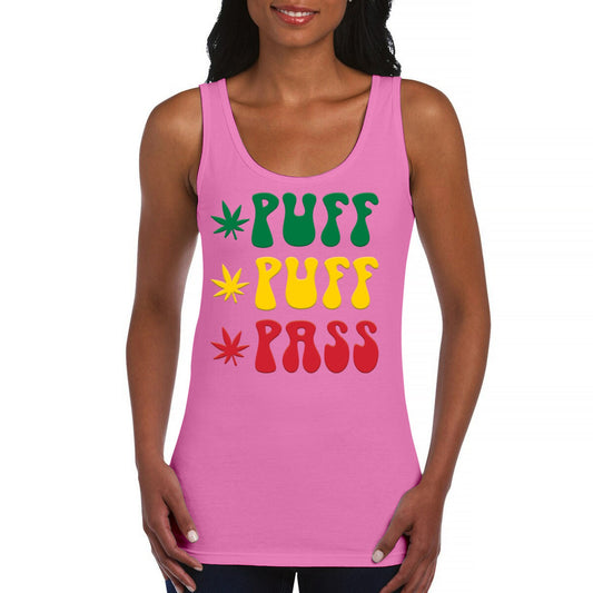 Women's tank top with "Puff Puff Pass" text and pot leaf design in pink.