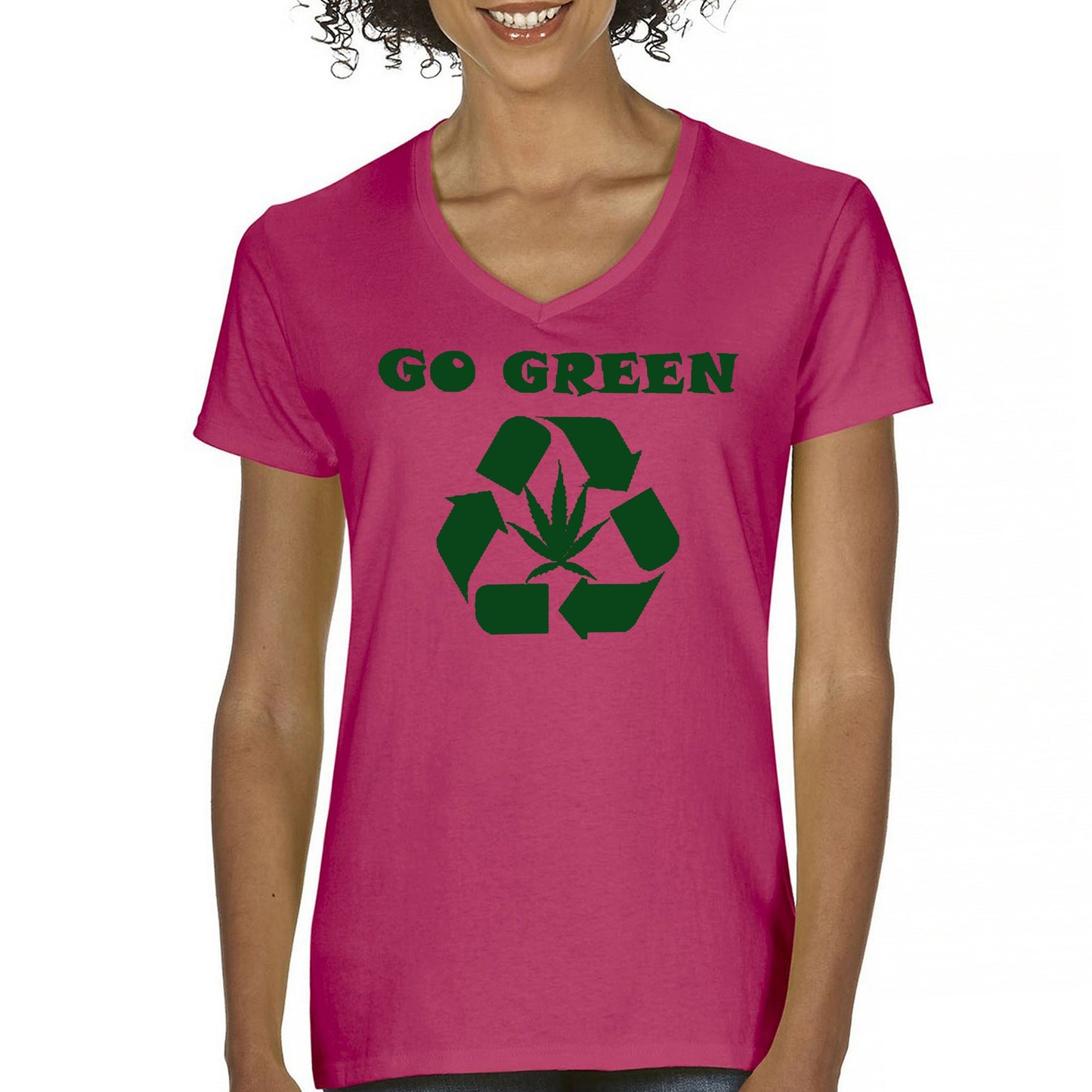 Go Green Women's V-Neck T-shirt Funny Weed Marijuana 420 7 colors size S to 2XL