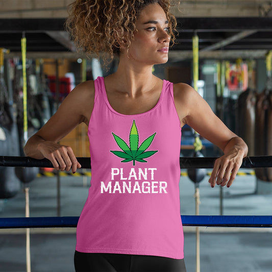 Women's pink tank top with "Plant Manager" print and pot leaf design.