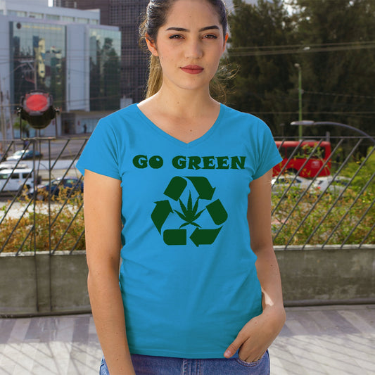 Women's blue V-neck T-shirt with "Go Green" cannabis design.