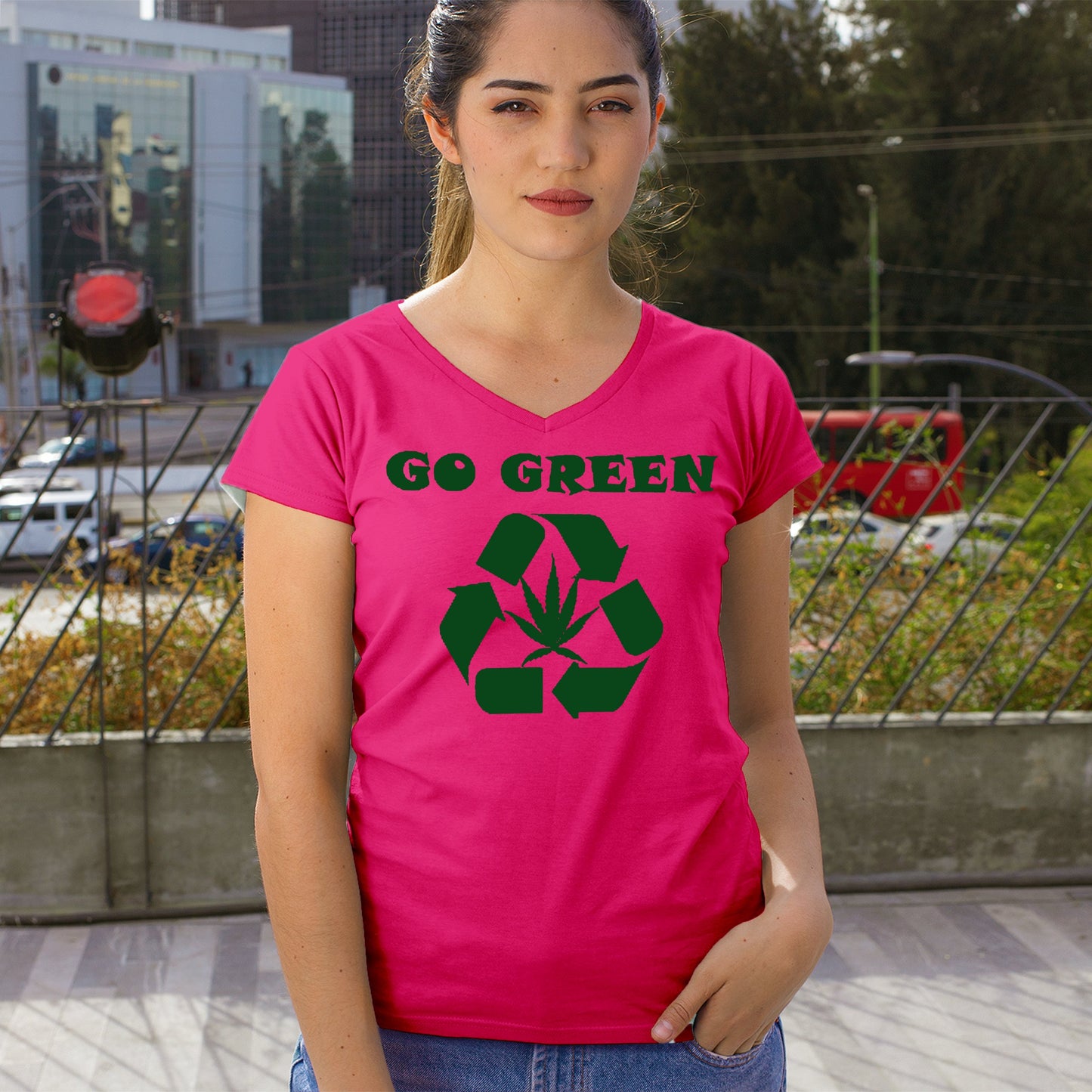 Go Green Women's V-Neck T-shirt Funny Weed Marijuana 420 7 colors size S to 2XL