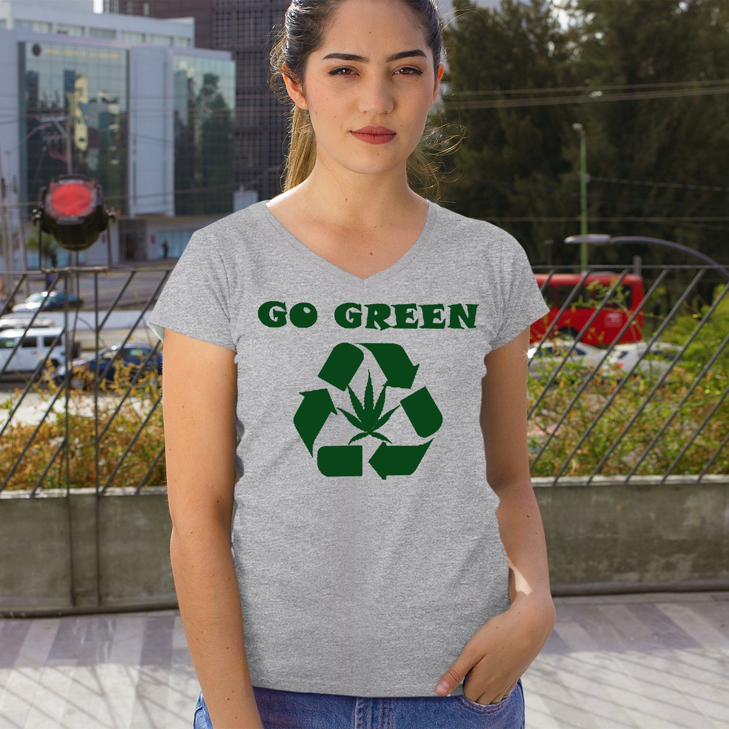 Go Green Women's V-Neck T-shirt Funny Weed Marijuana 420 7 colors size S to 2XL