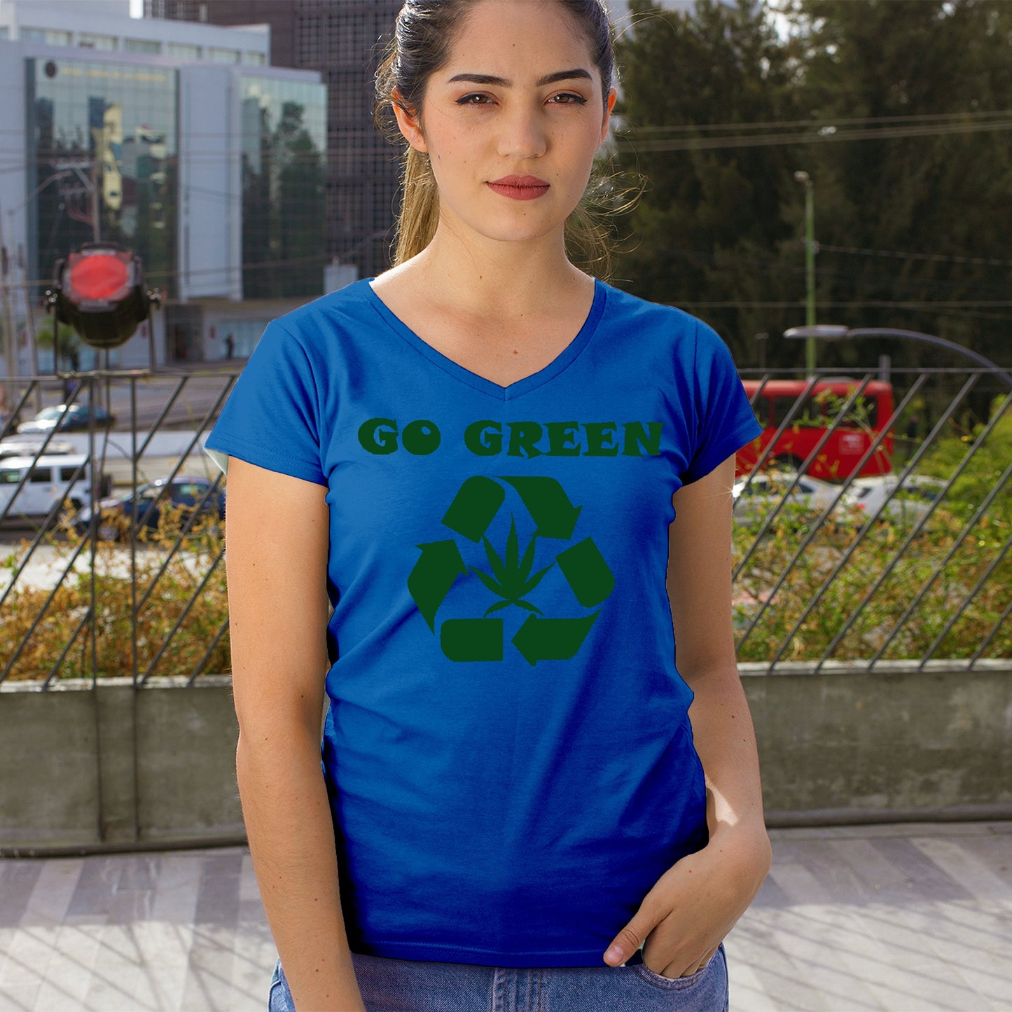 Go Green Women's V-Neck T-shirt Funny Weed Marijuana 420 7 colors size S to 2XL