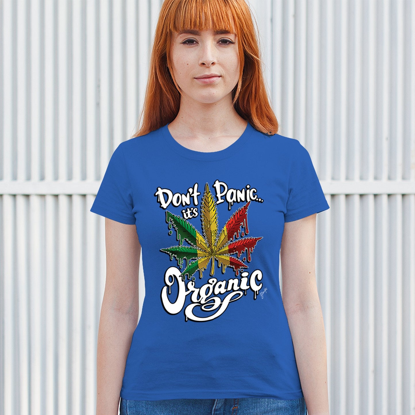 Don't Panic It's Organic T-Shirt 420 Weed Pot Cannabis Marijuana Women's Tee in blue featuring colorful leaf design.