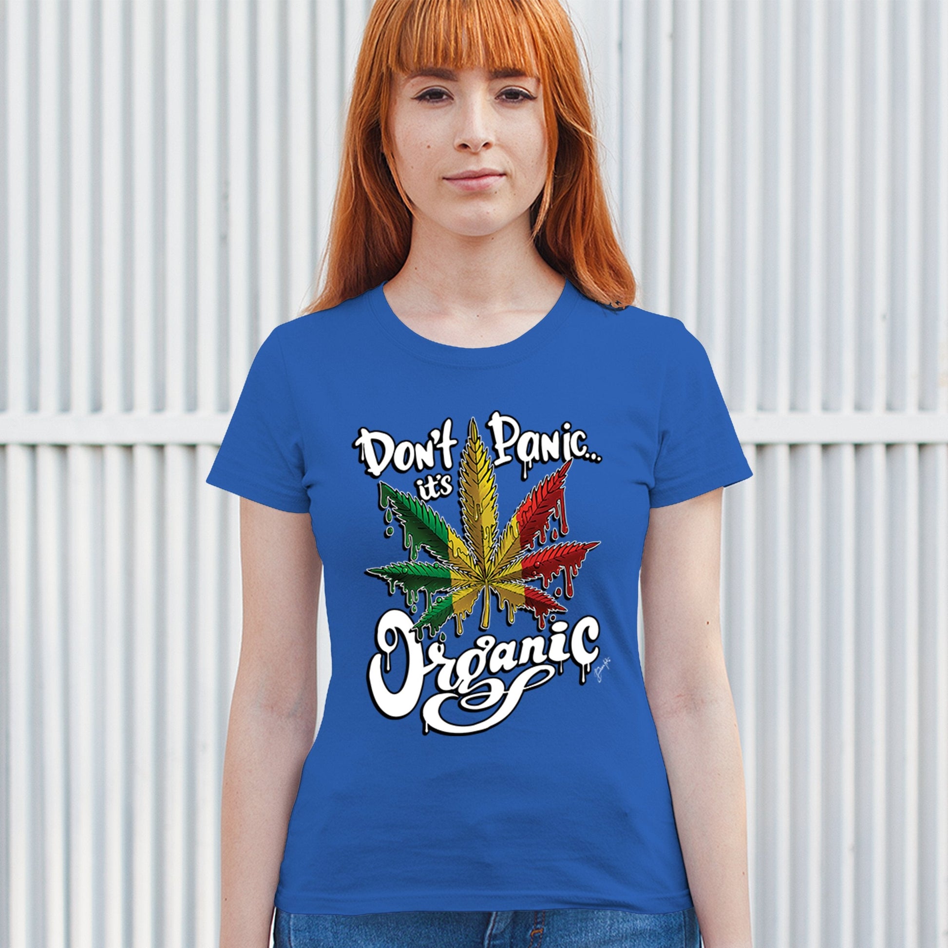 Don't Panic It's Organic T-Shirt 420 Weed Pot Cannabis Marijuana Women's Tee in blue featuring colorful leaf design.
