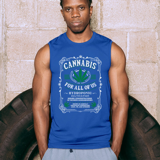 Cannabis For All Muscle Shirt with humorous 420 weed pot leaf design for men.