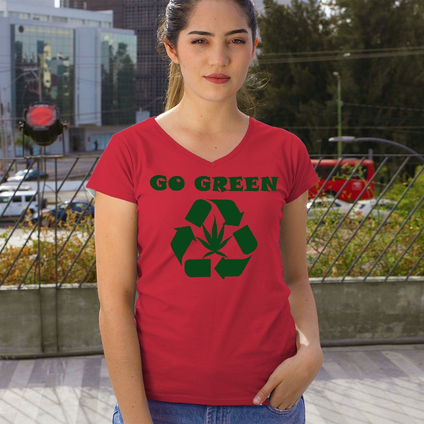 Go Green Women's V-Neck T-shirt Funny Weed Marijuana 420 7 colors size S to 2XL