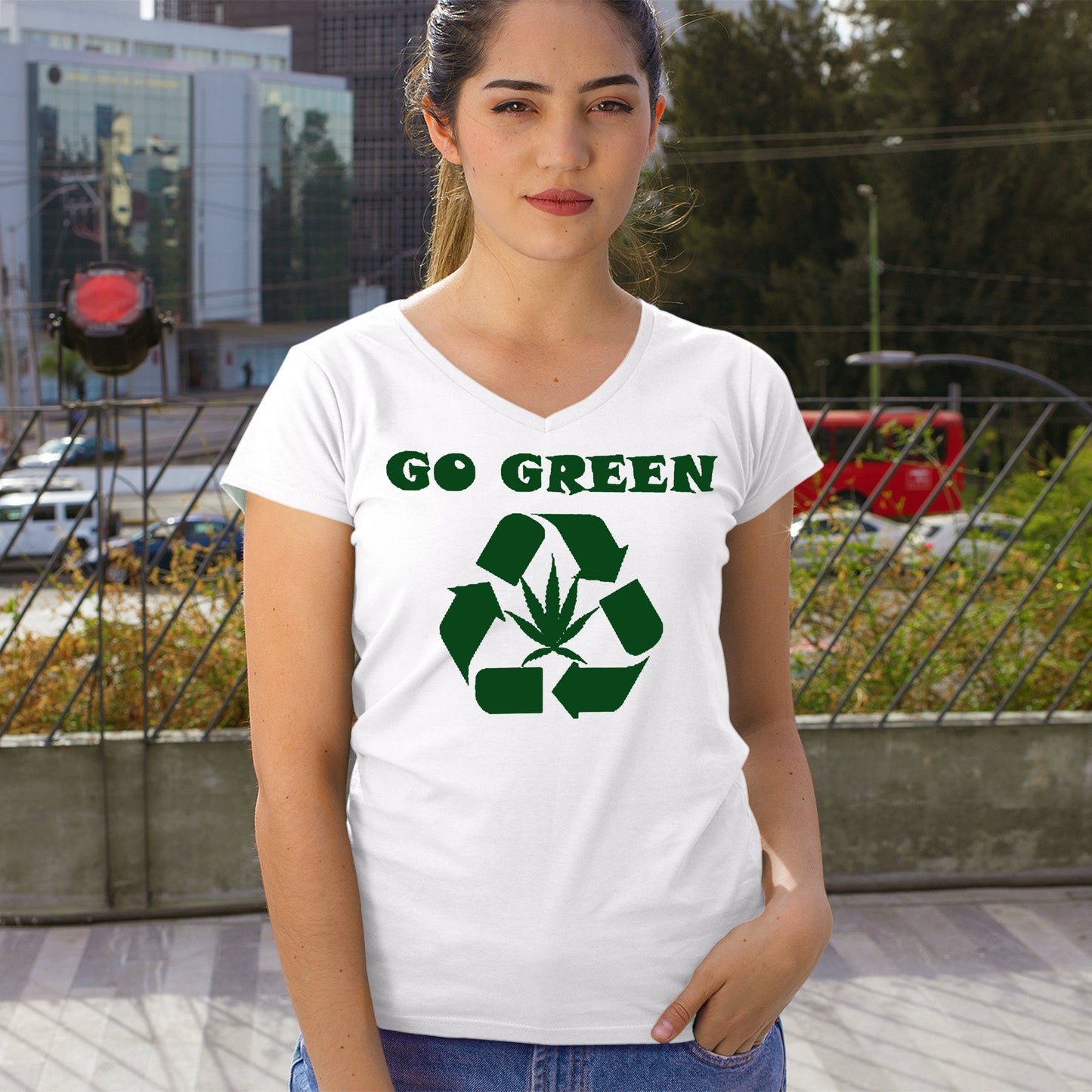 Go Green Women's V-Neck T-shirt Funny Weed Marijuana 420 7 colors size S to 2XL