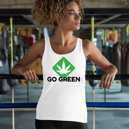 Women's white tank top with cannabis leaf logo and "Go Green" text, available in sizes S to 2XL.