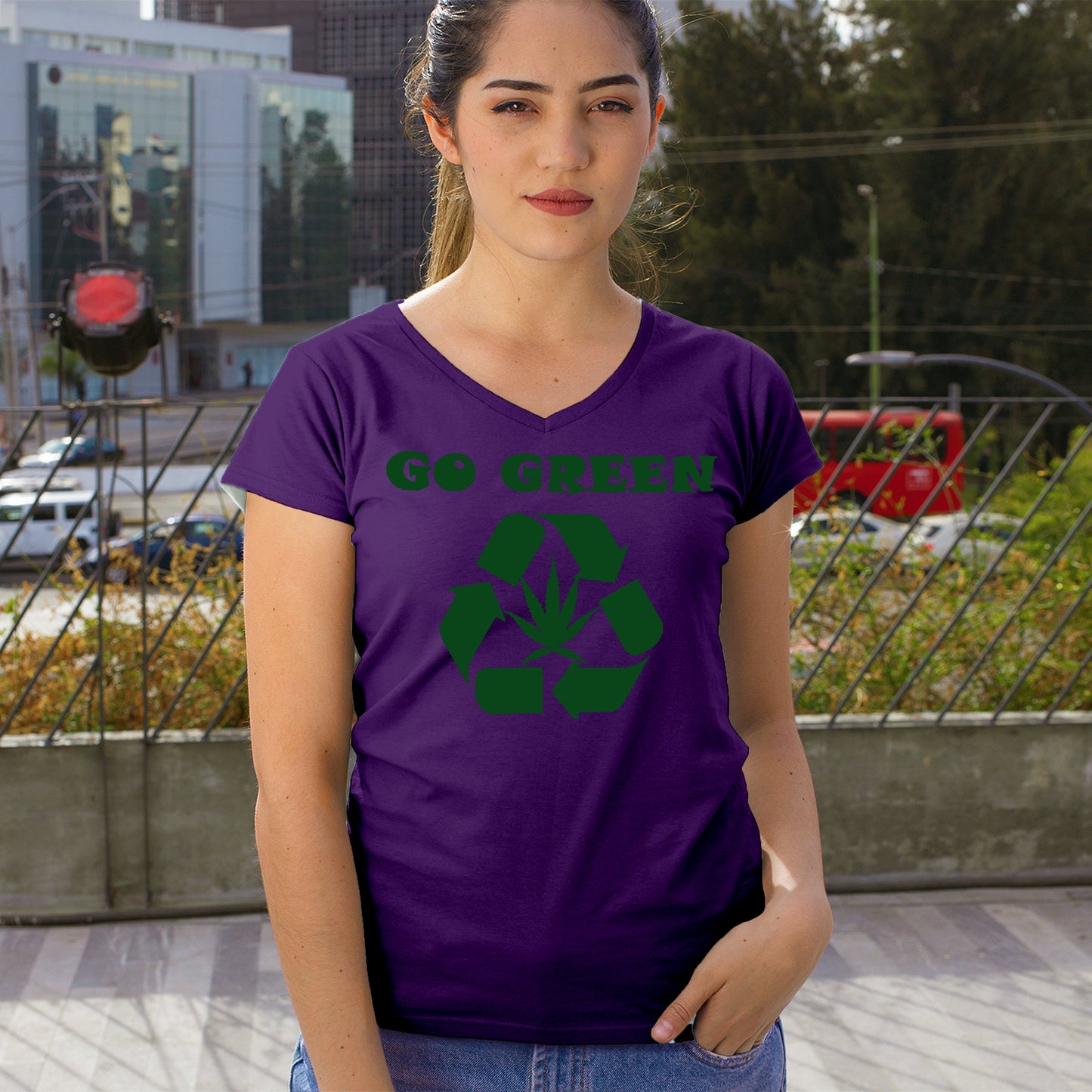 Go Green Women's V-Neck T-shirt Funny Weed Marijuana 420 7 colors size S to 2XL