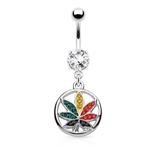 Multi Color Pot Leaf CZ Dangle Belly Button Ring in Surgical Steel