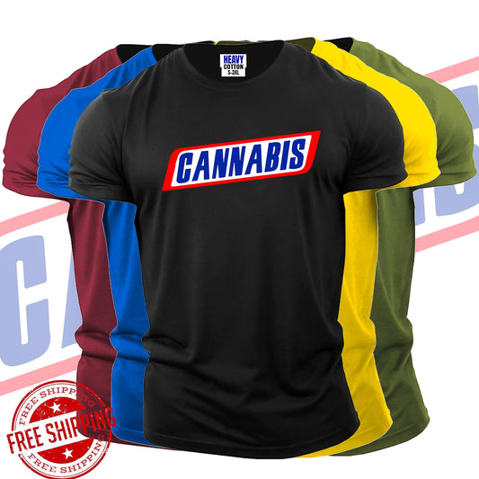 Funny "Cannabis Don't Care" men's short sleeve T-shirt in multiple colors with bold design, perfect sarcastic gift.