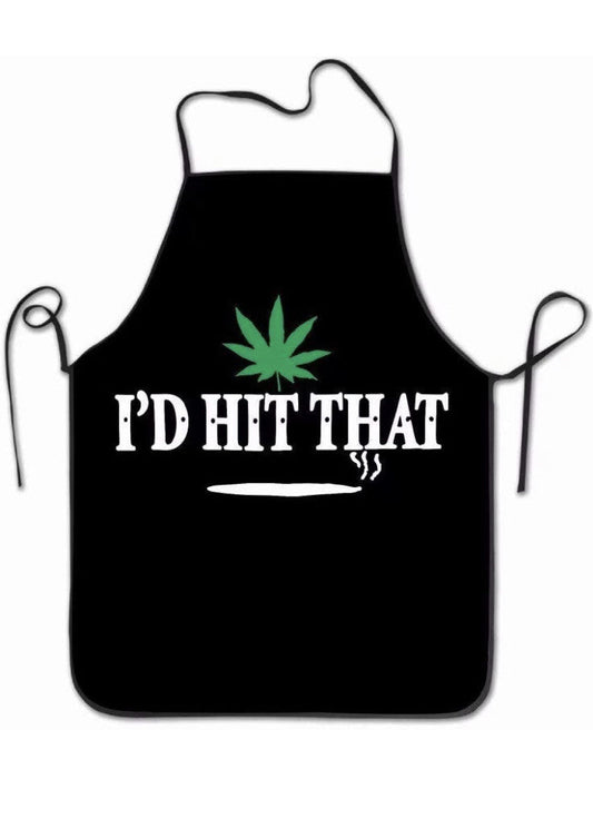 I’d Hit That Pot Leaf Apron, black with green leaf design, washable and adjustable.