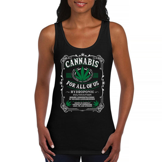 Women's black tank top with "Cannabis For All" design and pot leaf graphic.