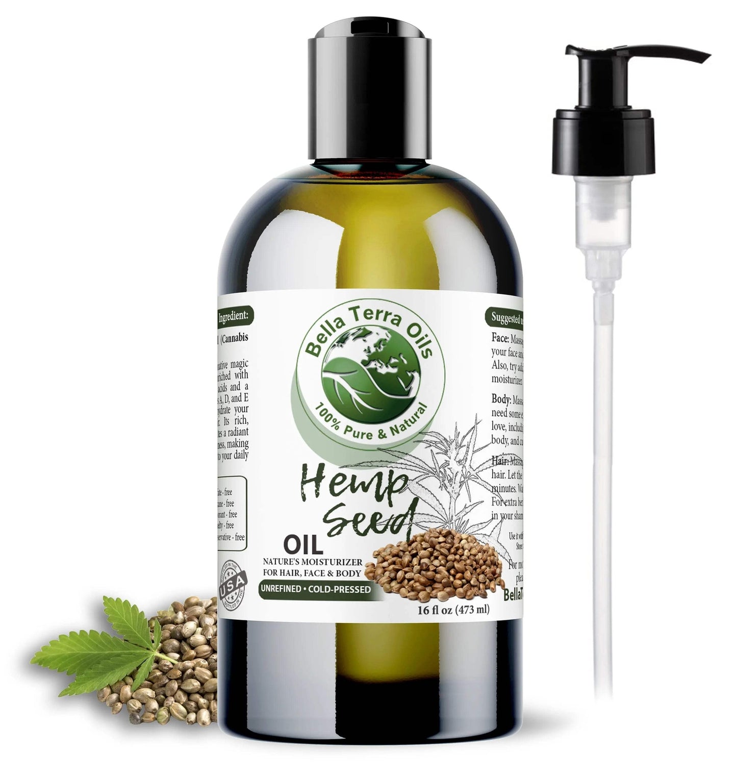 Organic Cold-Pressed Unrefined Hemp Seed Oil 100% Pure Skin Hair Face Nails Care