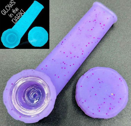 Silicone Smoking Pipe with Glass Bowl & Cap Lid | Purple Sparkle GLOWS - Maryjanes Bong Shop
