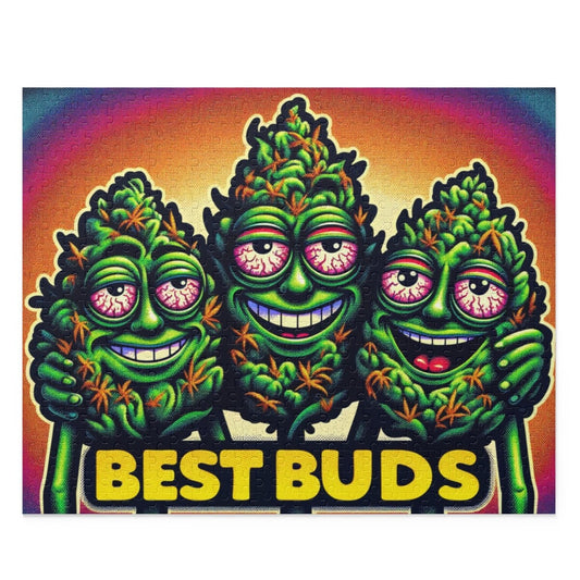 Funny cannabis-themed puzzle titled "Best Buds" with colorful design; available in 120, 252, and 500 pieces.
