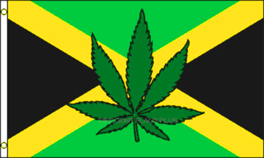 Jamaica Leaf 3x5 polyester flag featuring marijuana design on Jamaican colors.