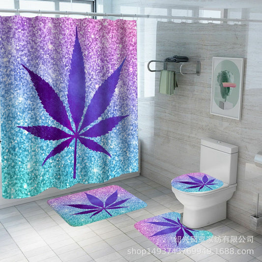 Glitter weed leaf art shower curtain set with non-slip bathroom mat and toilet lid cover.