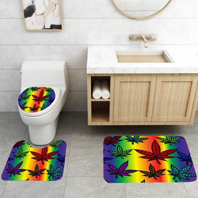 Rainbow Weed Leaf Art Shower Curtain Set Bathroom Mat Non-Slip Toilet Lid Cover