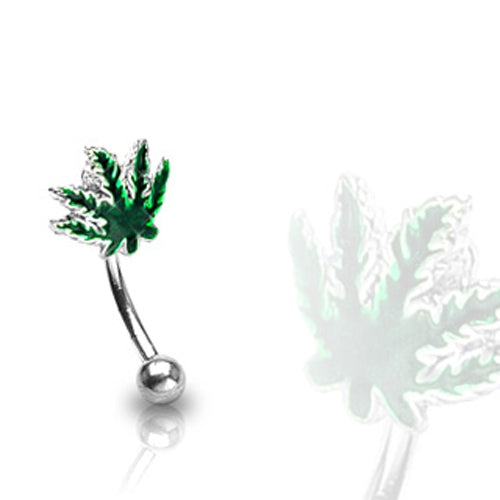 Pot leaf lip rook tragus piercing curve barbell with pot leaf design.