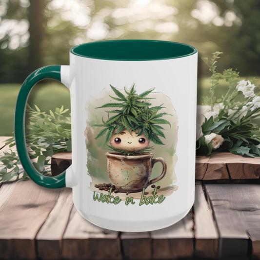 Cute turnip-themed WAKE n BAKE Mug with cannabis leaves design, perfect 420 coffee gift.