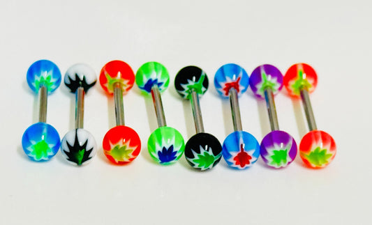 8 Pc Pot Leaf Inlay Acrylic Ball Barbell set for piercings with colorful designs.