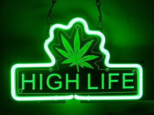 High Life Cannabis 3D carved neon sign with marijuana leaf design.