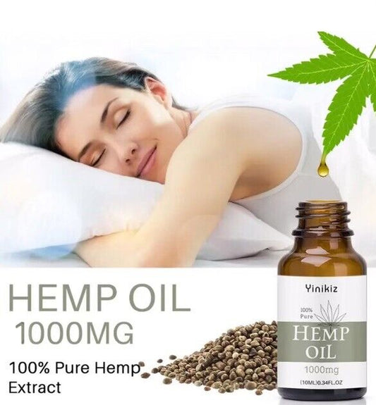 USA MADE Premium Hemp Seed Oil Drops 1000mg bottle with sleeping woman, hemp seeds and leaf.