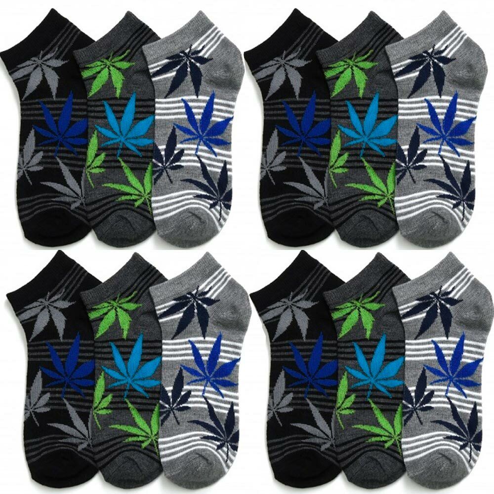 12 pair ankle socks with cannabis leaf design in black, charcoal, and grey colors.