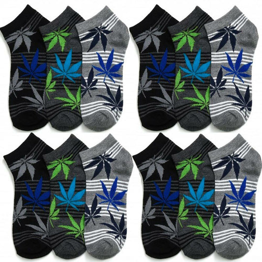 12 pair ankle socks with cannabis leaf design in black, charcoal, and grey colors.