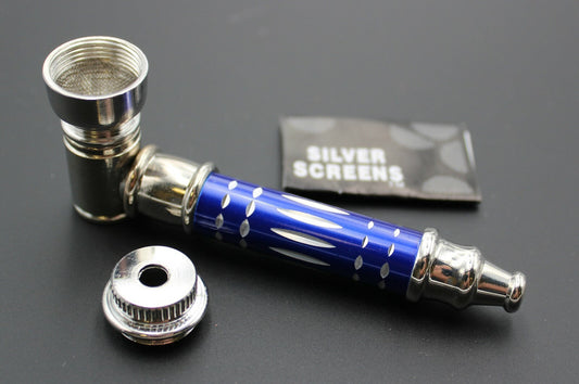 ORIGINAL BLUE METAL smoking pipe with lid, 3.5-inch length, on black surface.