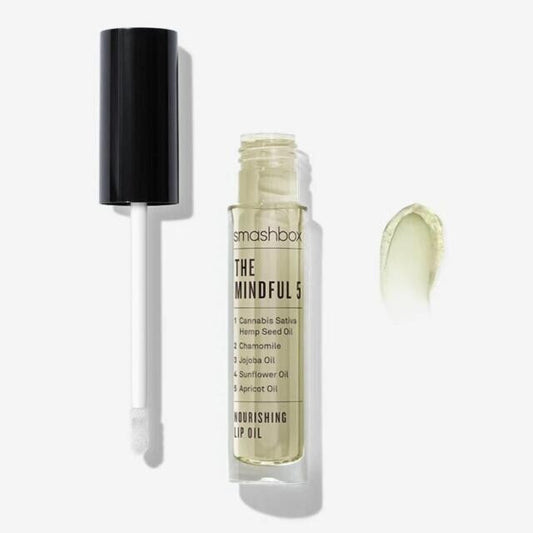 Smashbox Mindful 5 Nourishing Lip Oil with Satvia Hemp and Jojoba, 0.14oz bottle.