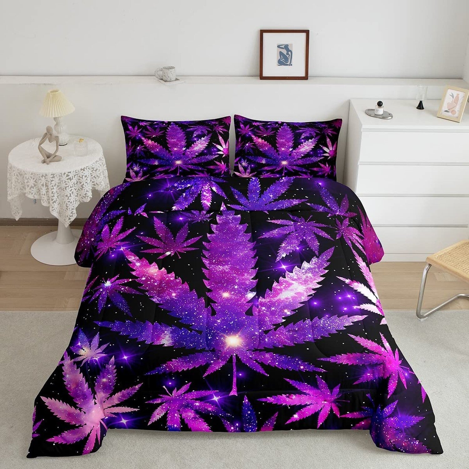 Queen size marijuana weed purple black comforter set with hippie leaf design, lightweight and suitable for all seasons.