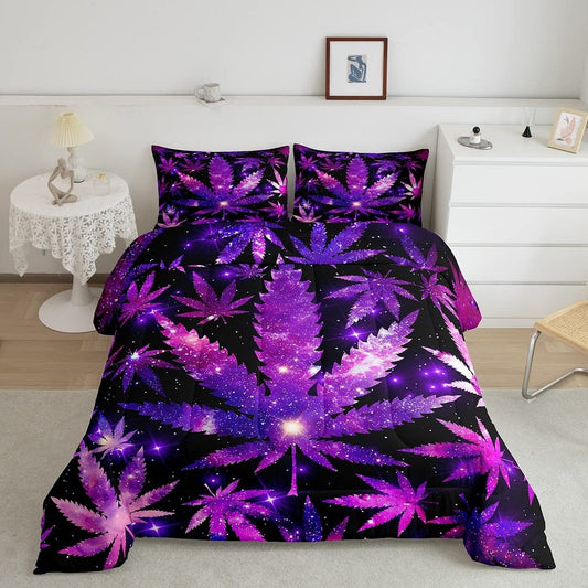 Queen size marijuana weed purple black comforter set with hippie leaf design, lightweight and suitable for all seasons.