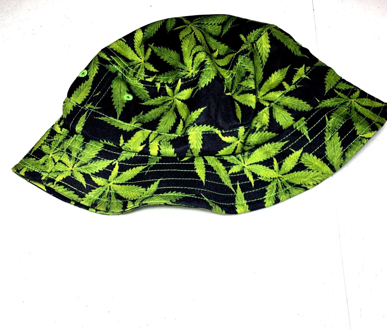 Pot Leaf Bucket Hat with green marijuana pattern on black fabric.