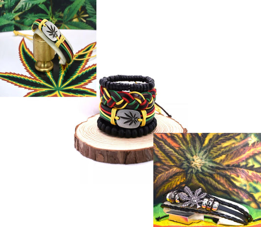 Weed 420 marijuana THC pot leaf Rastafarian Jamaica hip hop adjustable bracelets.