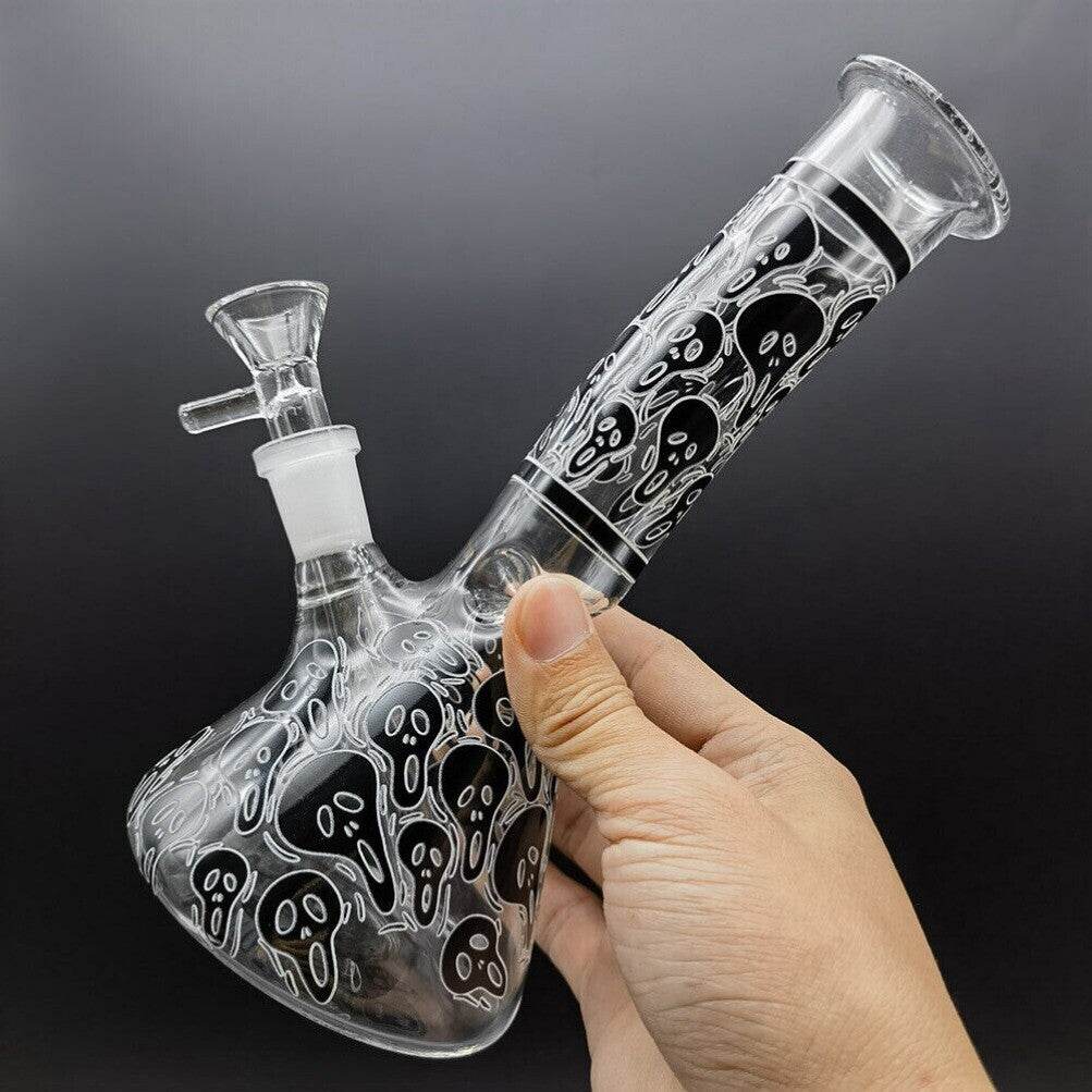 8 inch Glass Bong Black Skull Printed Hookah Smoking Water Pipes Bongs + Bowl US - Maryjanes Bong Shop