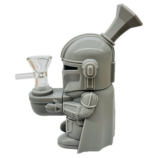 4.3" silicone bong shaped like a gray soldier with glass bowl attachment.