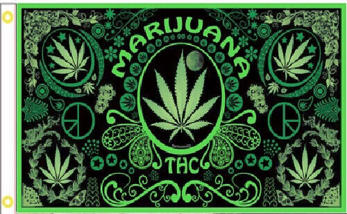 3x5 marijuana weed THC leaf flag banner with green and black design on polyester nylon fabric.