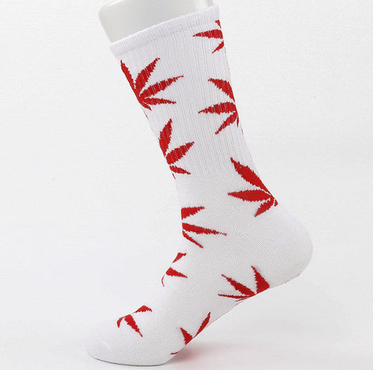 Unisex white crew socks with red cannabis weed marijuana leaf design, cotton material.